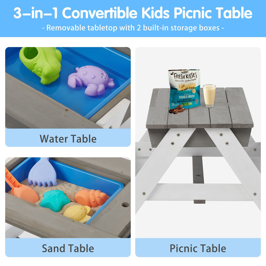 Yeah Depot - 3-in-1 Kids Outdoor Wooden Picnic Table With Umbrella, Convertible Sand & Wate, Gray ASTM & CPSIA CERTIFICATION