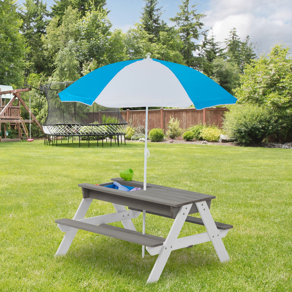 Yeah Depot - 3-in-1 Kids Outdoor Wooden Picnic Table With Umbrella, Convertible Sand & Wate, Gray ASTM & CPSIA CERTIFICATION