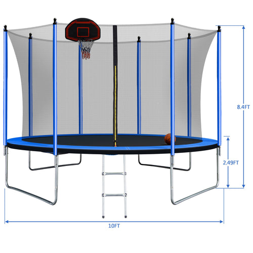 Yeah Depot - 10FT Trampoline with Basketball Hoop Inflator and Ladder(Inner Safety Enclosure) Blue