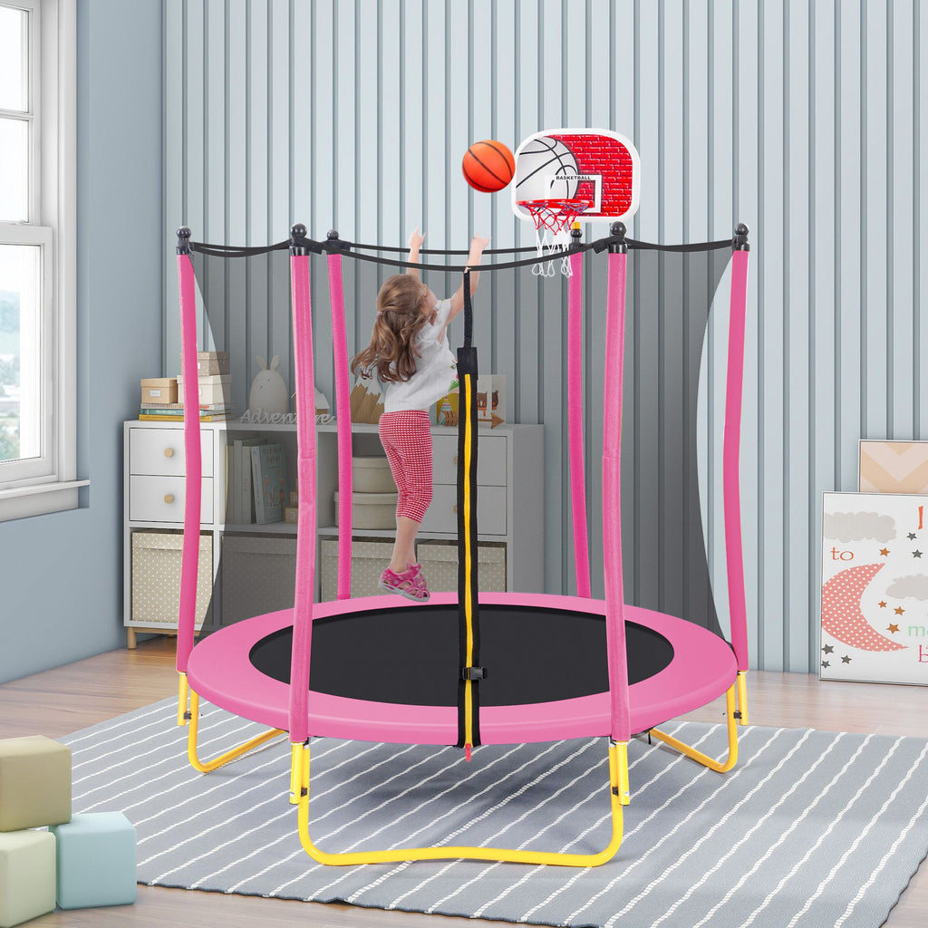Yeah Depot - 5.5FT Trampoline for Kids - 65'' Outdoor & Indoor Mini Toddler Trampoline with Enclosure, Basketball Hoop and Ball Included