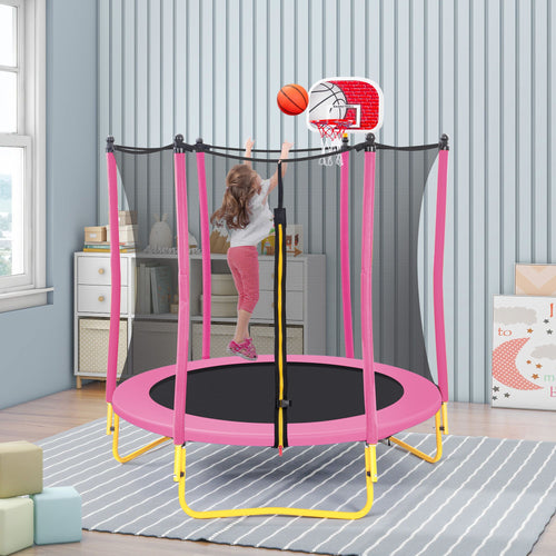 Yeah Depot - 5.5FT Trampoline for Kids - 65'' Outdoor & Indoor Mini Toddler Trampoline with Enclosure, Basketball Hoop and Ball Included