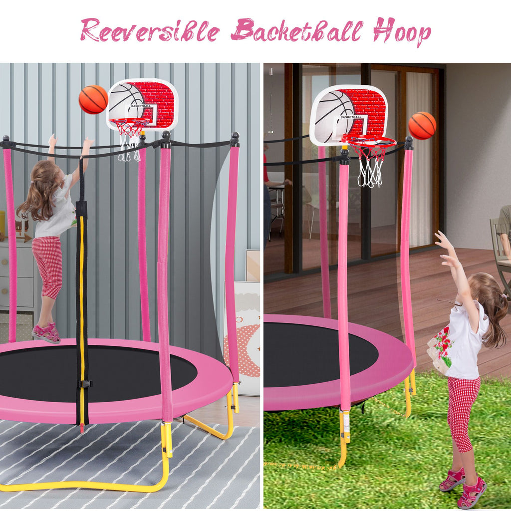 Yeah Depot - 5.5FT Trampoline for Kids - 65'' Outdoor & Indoor Mini Toddler Trampoline with Enclosure, Basketball Hoop and Ball Included