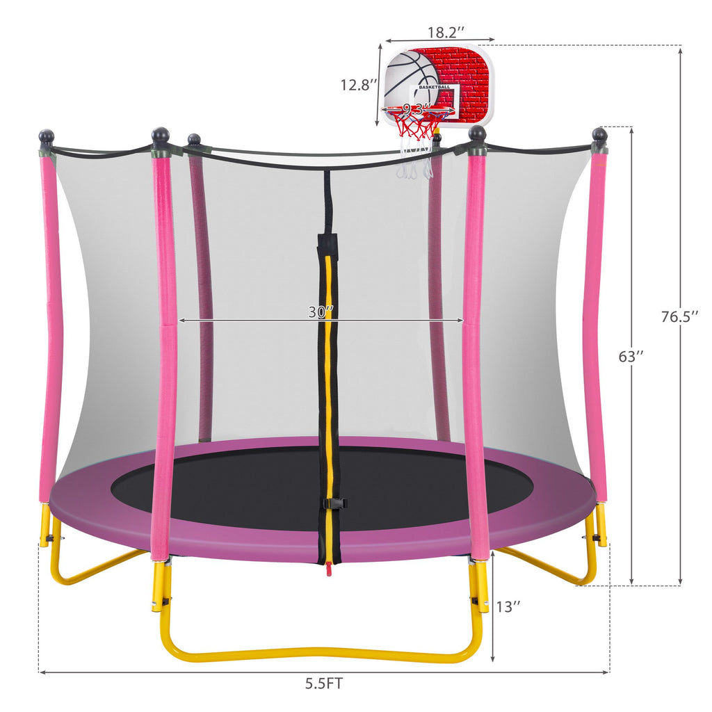 Yeah Depot - 5.5FT Trampoline for Kids - 65'' Outdoor & Indoor Mini Toddler Trampoline with Enclosure, Basketball Hoop and Ball Included