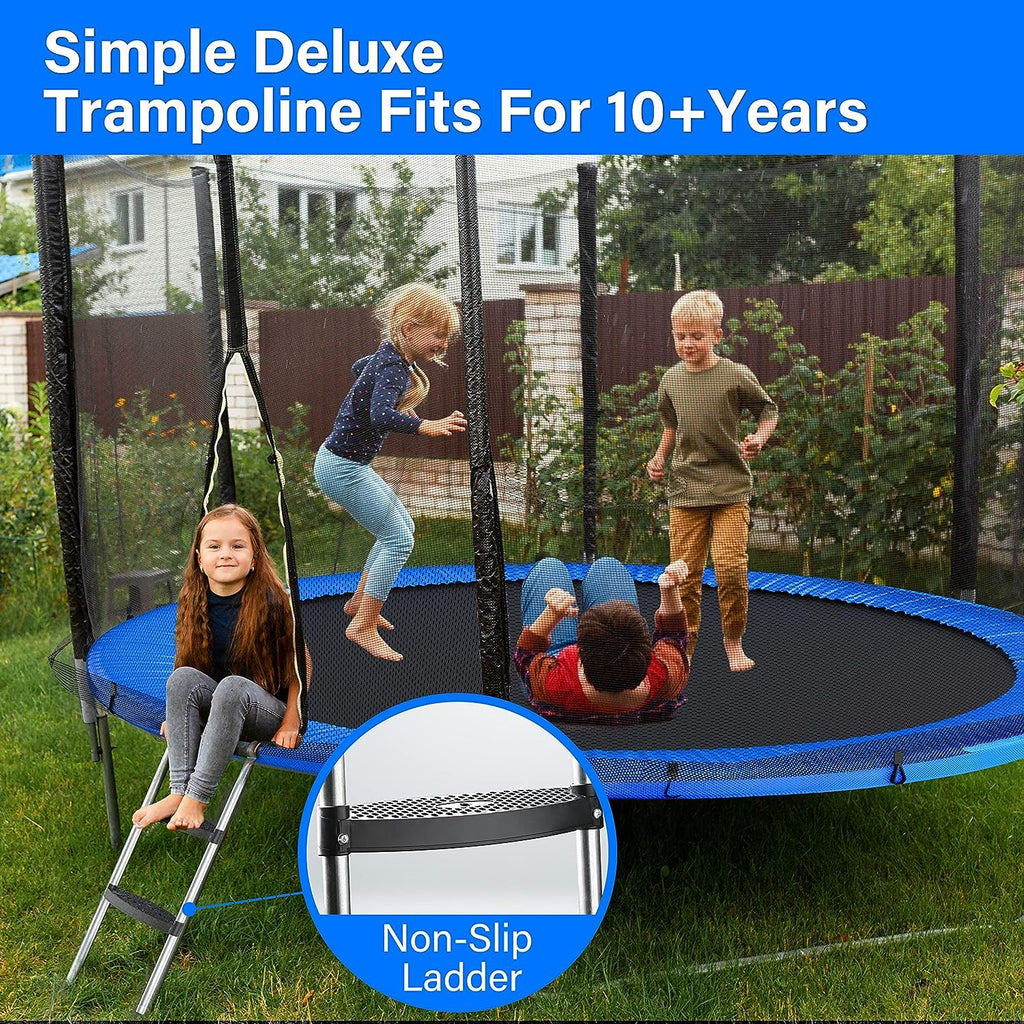 Yeah Depot - Simple Deluxe Trampoline for Kids with Safety Enclosure Net 14FT Wind Stakes Simple Deluxe 400LBS Weight Capacity Outdoor Backyards Trampolines with Non-Slip Ladder for Children Adults Family, Blue