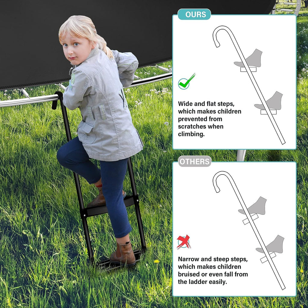 Yeah Depot - Simple Deluxe Trampoline Ladder with Horizontal Wide Steps Skid-Proof Steps Simple Deluxe 12FT 14FT Trampoline Stairs Accessories, Universal Hook UV Treated Steel 220 lbs, Trampoline Parts Black