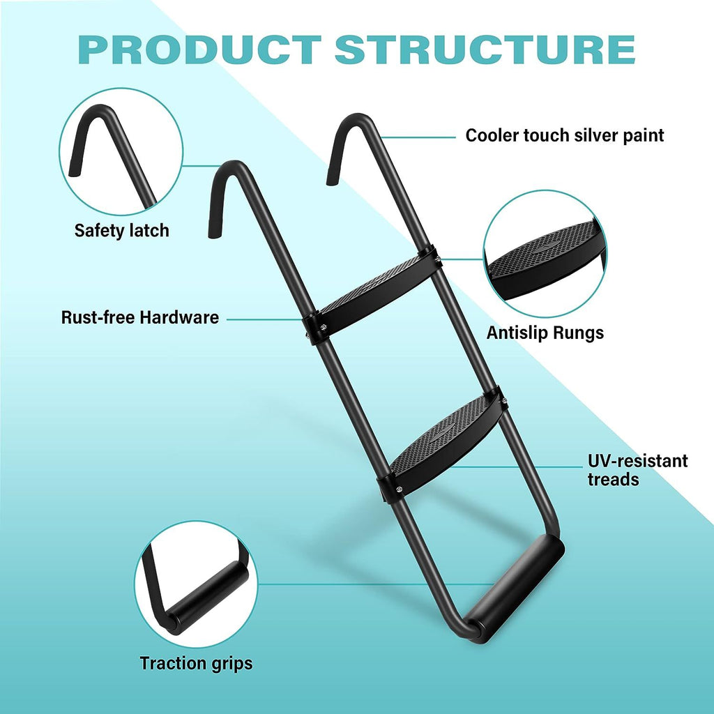 Yeah Depot - Simple Deluxe Trampoline Ladder with Horizontal Wide Steps Skid-Proof Steps Simple Deluxe 12FT 14FT Trampoline Stairs Accessories, Universal Hook UV Treated Steel 220 lbs, Trampoline Parts Black