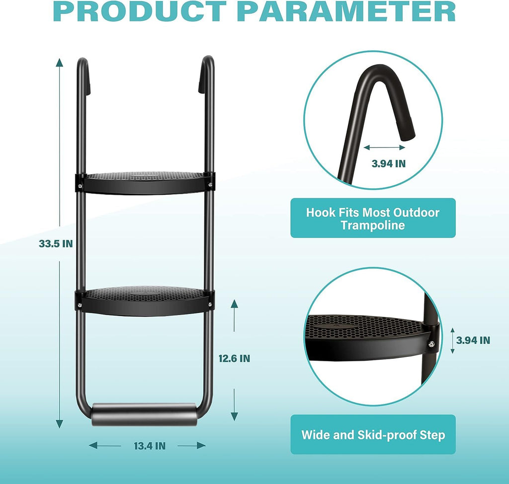 Yeah Depot - Simple Deluxe Trampoline Ladder with Horizontal Wide Steps Skid-Proof Steps Simple Deluxe 12FT 14FT Trampoline Stairs Accessories, Universal Hook UV Treated Steel 220 lbs, Trampoline Parts Black