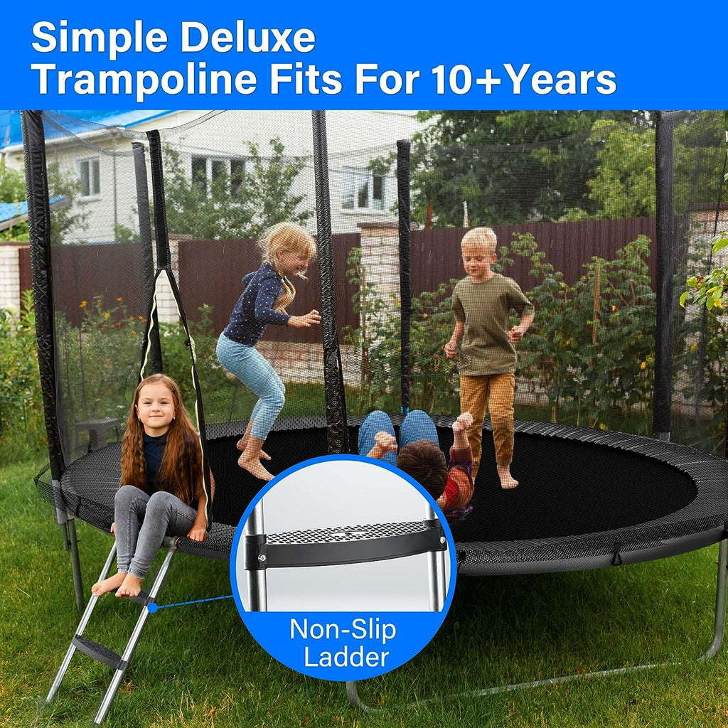 Yeah Depot - Simple Deluxe Trampoline for Kids with Safety Enclosure Net Wind Stakes 12FT Simple Deluxe 400LBS Weight Capacity Outdoor Backyards Trampolines with Non-Slip Ladder for Children Adults Family, Black