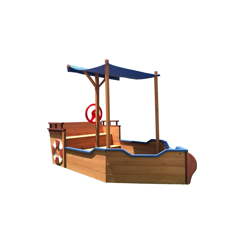 Yeah Depot - Outsunny Pirate Ship Sandbox with Cover and Rudder, Wooden Sandbox with Storage Bench and Seat, Outdoor Toy for Kids Ages 3-8 Years Old