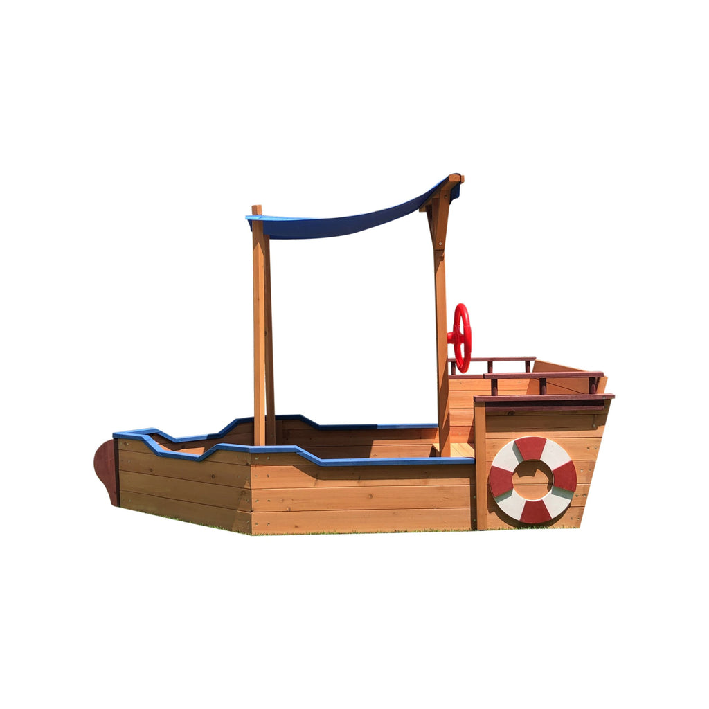 Yeah Depot - Outsunny Pirate Ship Sandbox with Cover and Rudder, Wooden Sandbox with Storage Bench and Seat, Outdoor Toy for Kids Ages 3-8 Years Old