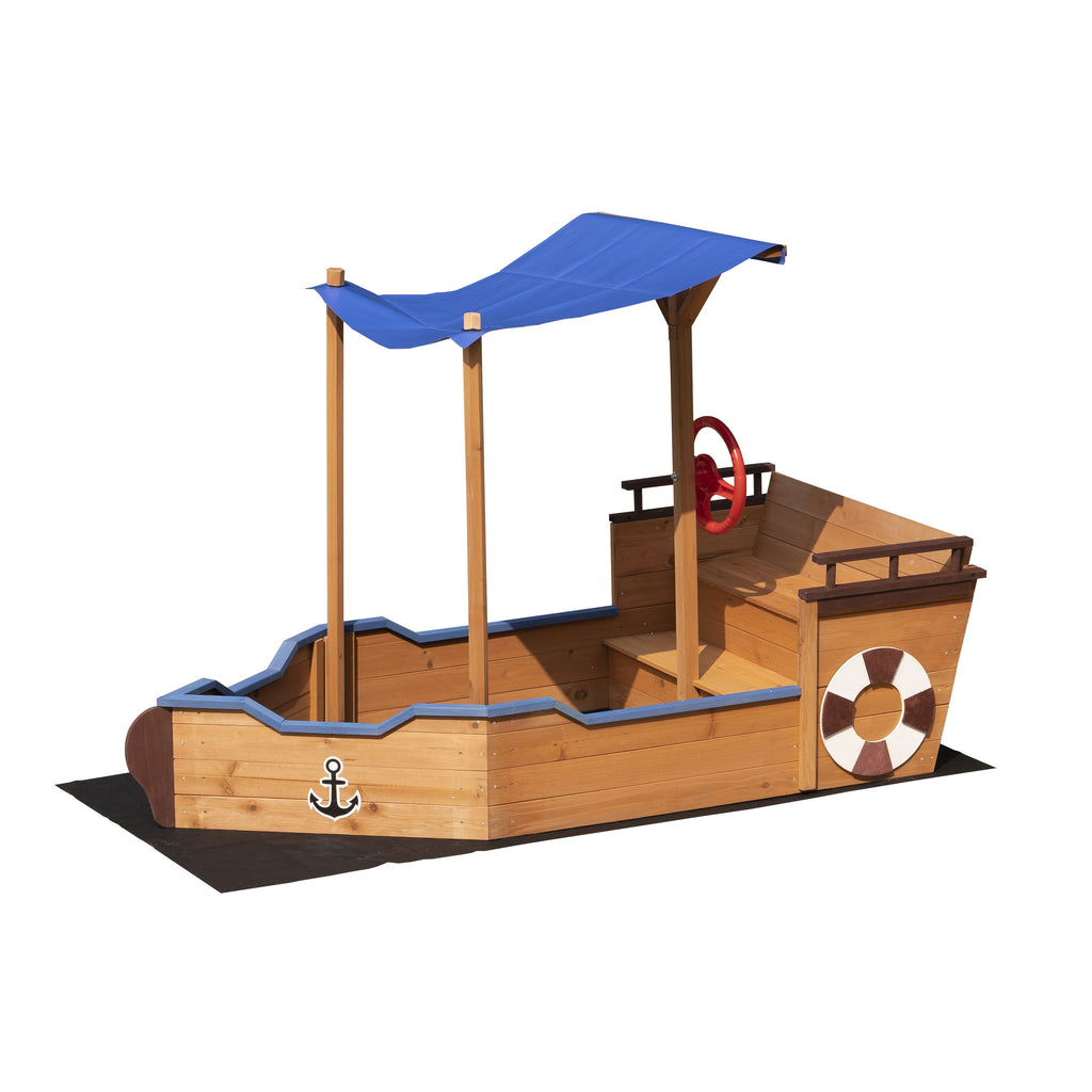 Yeah Depot - Outsunny Pirate Ship Sandbox with Cover and Rudder, Wooden Sandbox with Storage Bench and Seat, Outdoor Toy for Kids Ages 3-8 Years Old