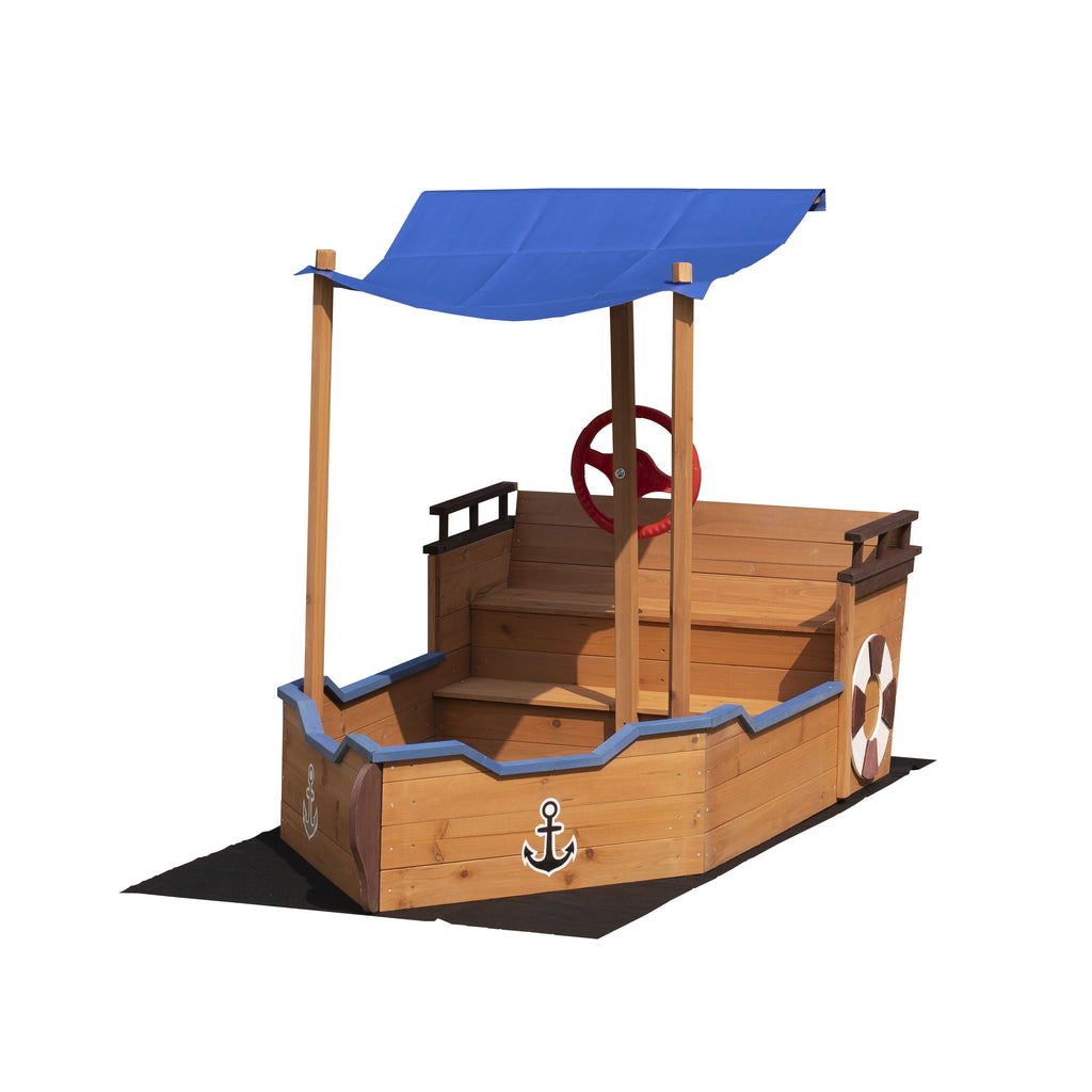 Yeah Depot - Outsunny Pirate Ship Sandbox with Cover and Rudder, Wooden Sandbox with Storage Bench and Seat, Outdoor Toy for Kids Ages 3-8 Years Old
