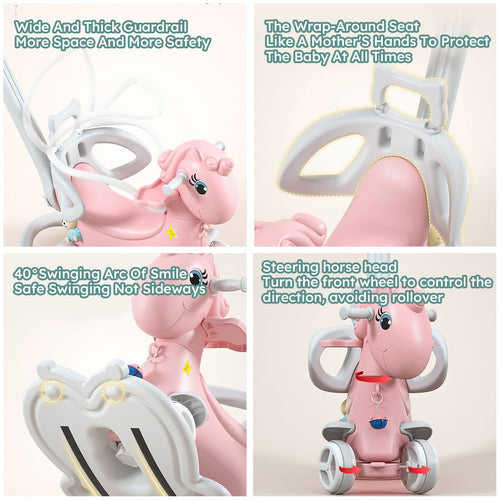 Yeah Depot - Rocking Horse for Toddlers, Balance Bike Ride On Toys with Push Handle, Backrest and Balance Board for Baby Girl and Boy, Unicorn Kids Pink Color