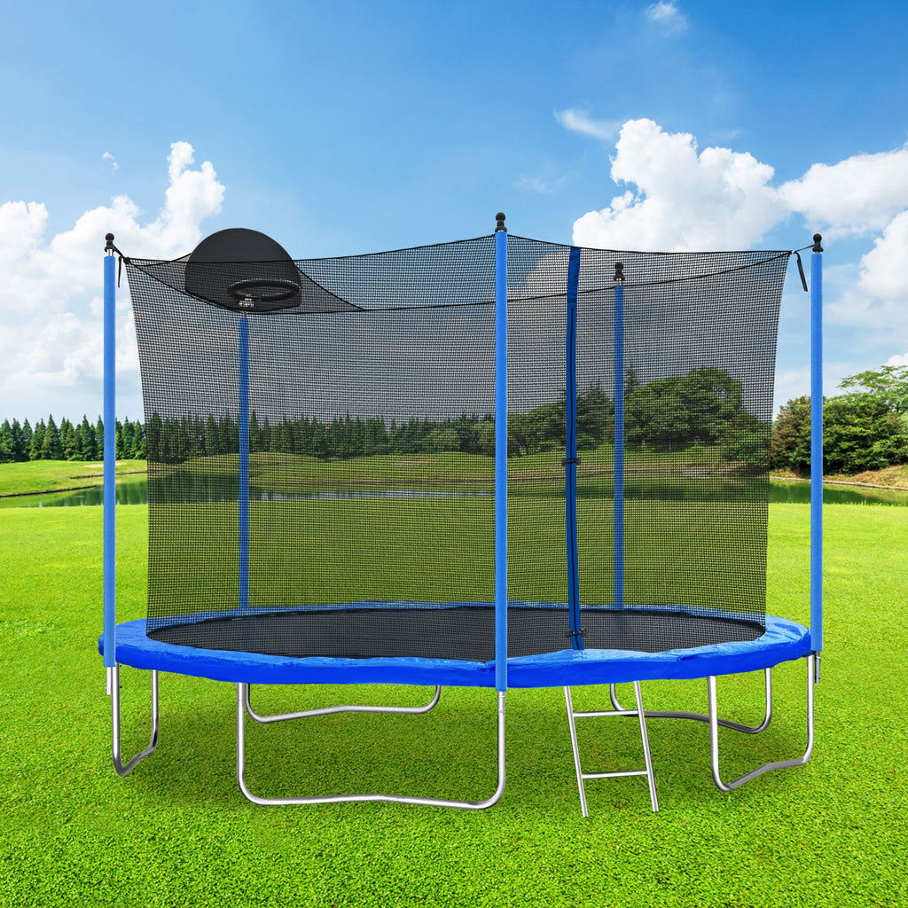 Yeah Depot - 12FT Trampoline for Adults & Kids with Basketball Hoop, Outdoor Trampolines w/Ladder and Safety Enclosure Net for Kids and adults