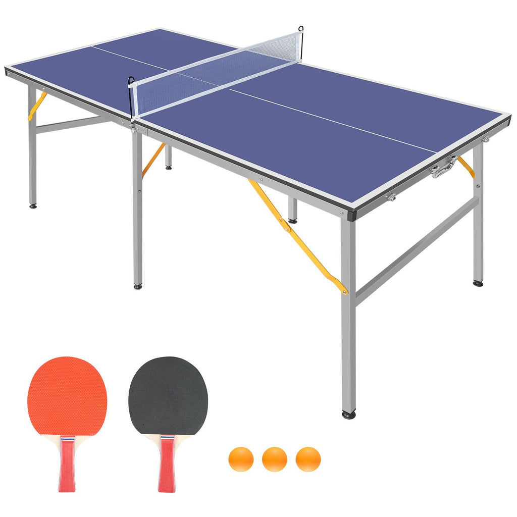 Yeah Depot - 6ft Mid-Size Table Tennis Table Foldable & Portable Ping Pong Table Set for Indoor & Outdoor Games with Net, 2 Table Tennis Paddles and 3 Balls