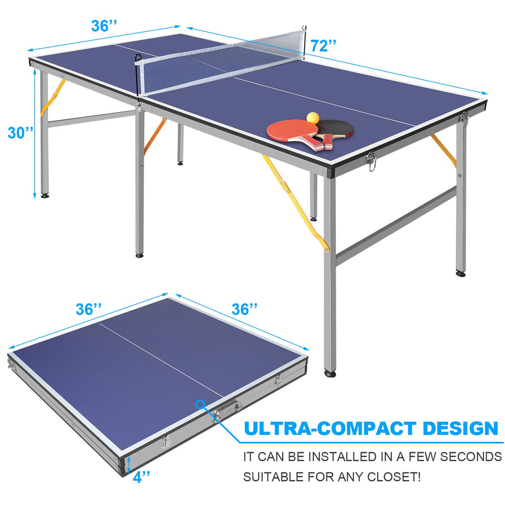 Yeah Depot - 6ft Mid-Size Table Tennis Table Foldable & Portable Ping Pong Table Set for Indoor & Outdoor Games with Net, 2 Table Tennis Paddles and 3 Balls