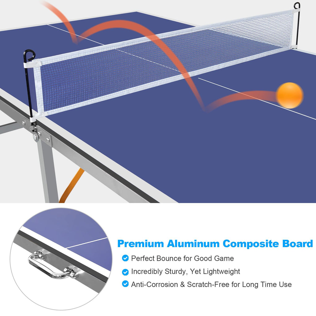 Yeah Depot - 6ft Mid-Size Table Tennis Table Foldable & Portable Ping Pong Table Set for Indoor & Outdoor Games with Net, 2 Table Tennis Paddles and 3 Balls