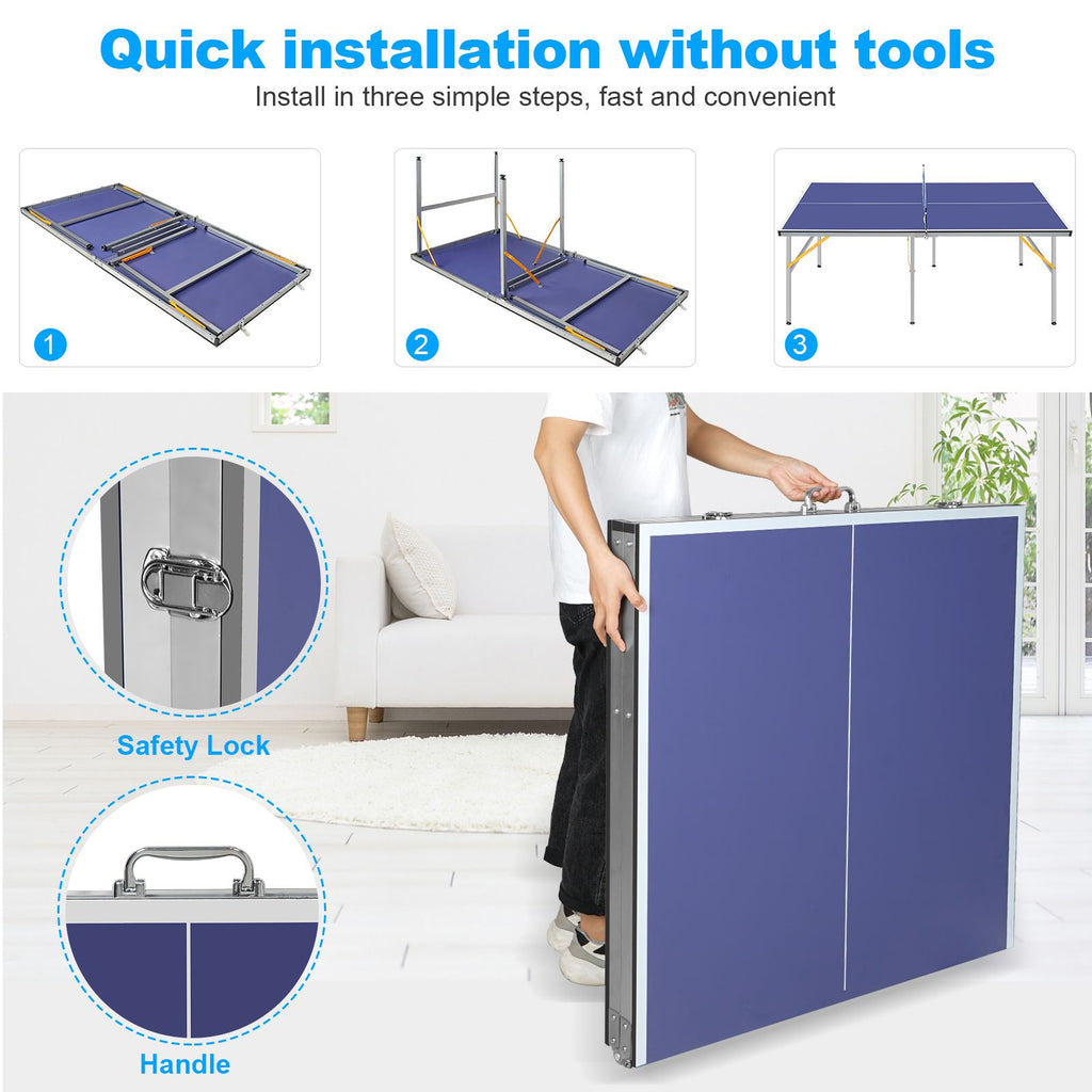 Yeah Depot - 6ft Mid-Size Table Tennis Table Foldable & Portable Ping Pong Table Set for Indoor & Outdoor Games with Net, 2 Table Tennis Paddles and 3 Balls