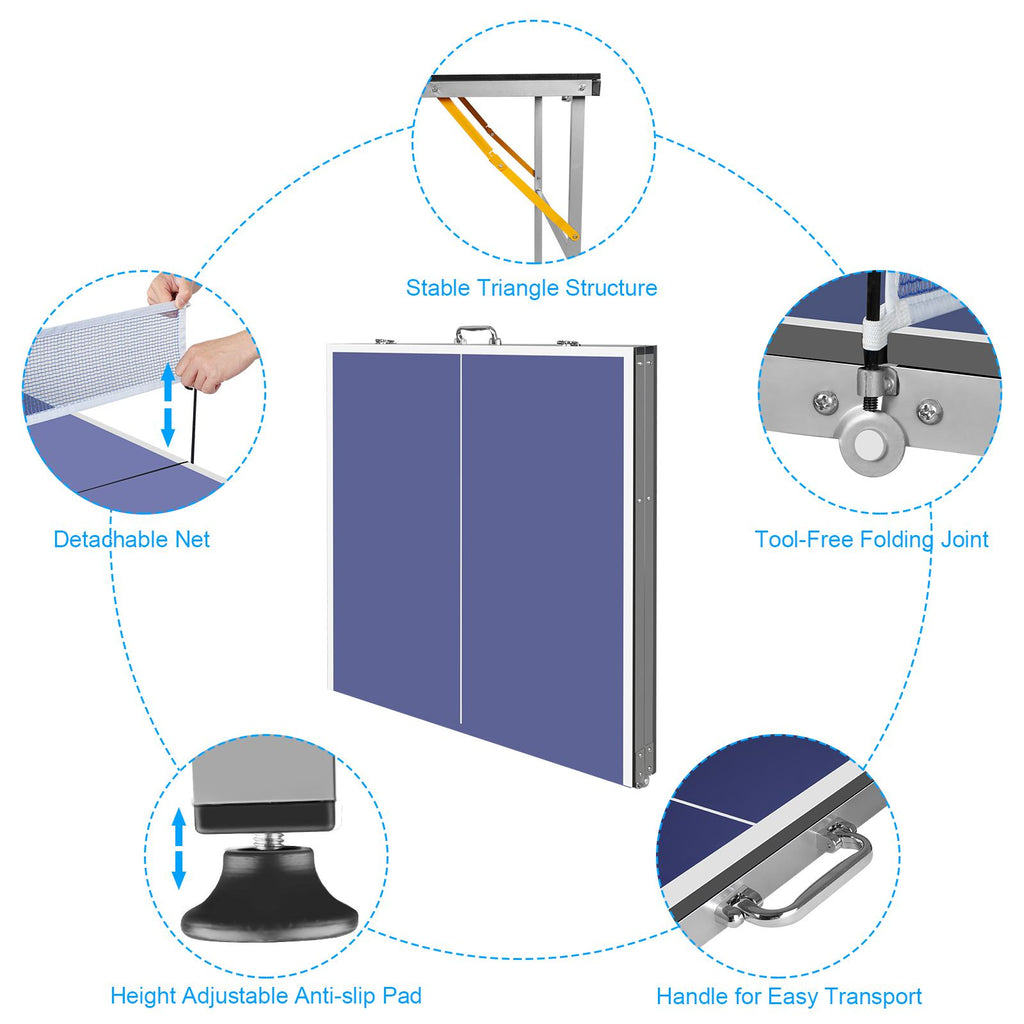 Yeah Depot - 6ft Mid-Size Table Tennis Table Foldable & Portable Ping Pong Table Set for Indoor & Outdoor Games with Net, 2 Table Tennis Paddles and 3 Balls