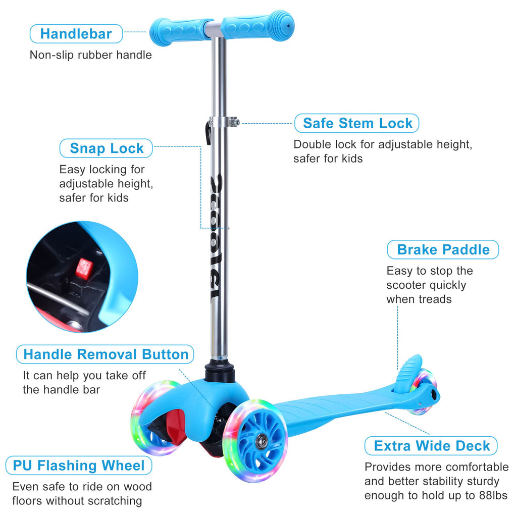 Yeah Depot - SimpleLux Kids Scooter - 4 Adjustable Height, Extra-Wide Deck with Brake & 3 PU Flashing Wheels, Over 3 Years Old,Blue
