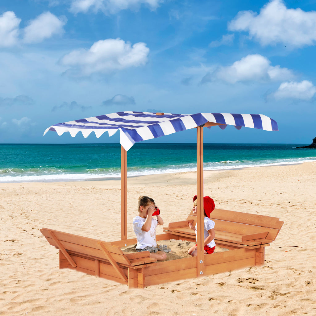 Yeah Depot - Kids Sandbox with Adjustable Cover, 46'' Wooden Sand Box with 2 Foldable Bench Seats, Outdoor Sandpit for Backyard Play