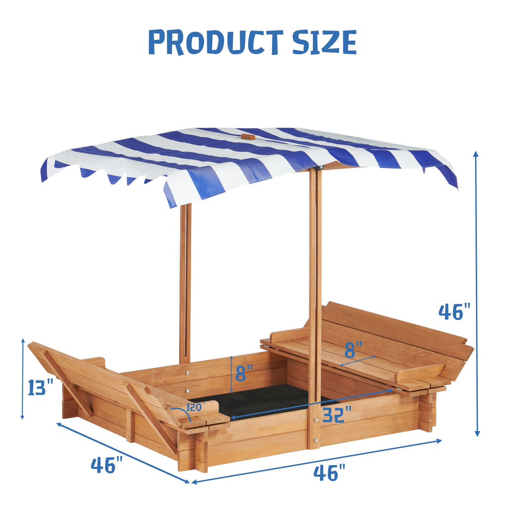Yeah Depot - Kids Sandbox with Adjustable Cover, 46'' Wooden Sand Box with 2 Foldable Bench Seats, Outdoor Sandpit for Backyard Play