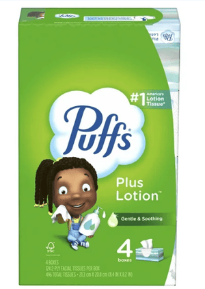 Flexile - Puffs Plus Lotion Family Pack Tissues, 4 Boxes, 124 Soft Tissues in Each Box