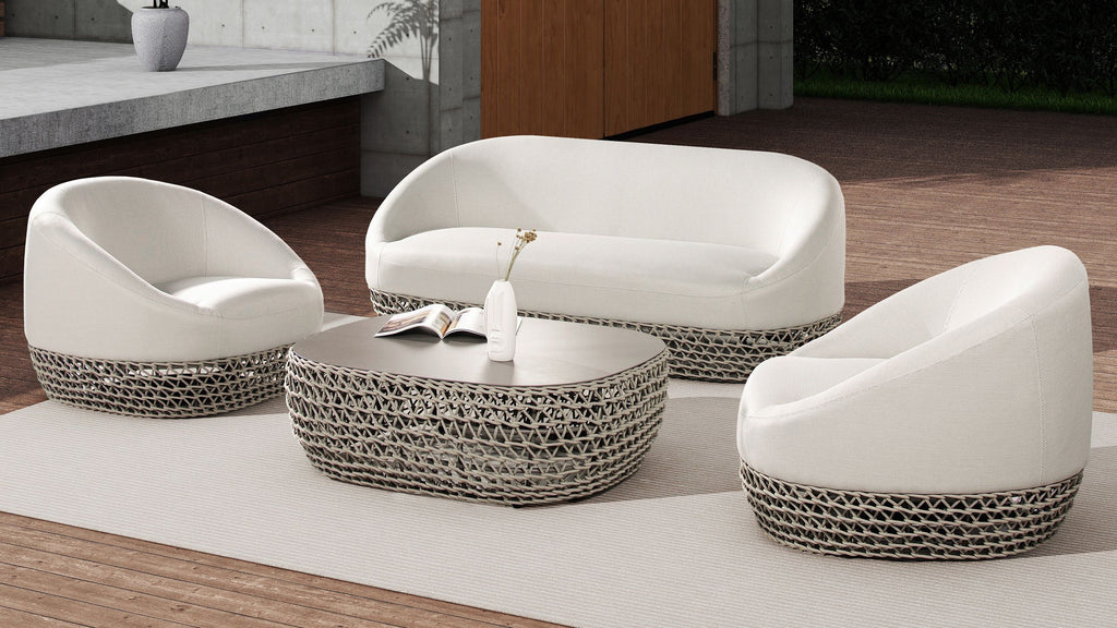 Yeah Depot - Willow 40.5'' Oval Woven Patio Coffee Table, Light Beige Olefin