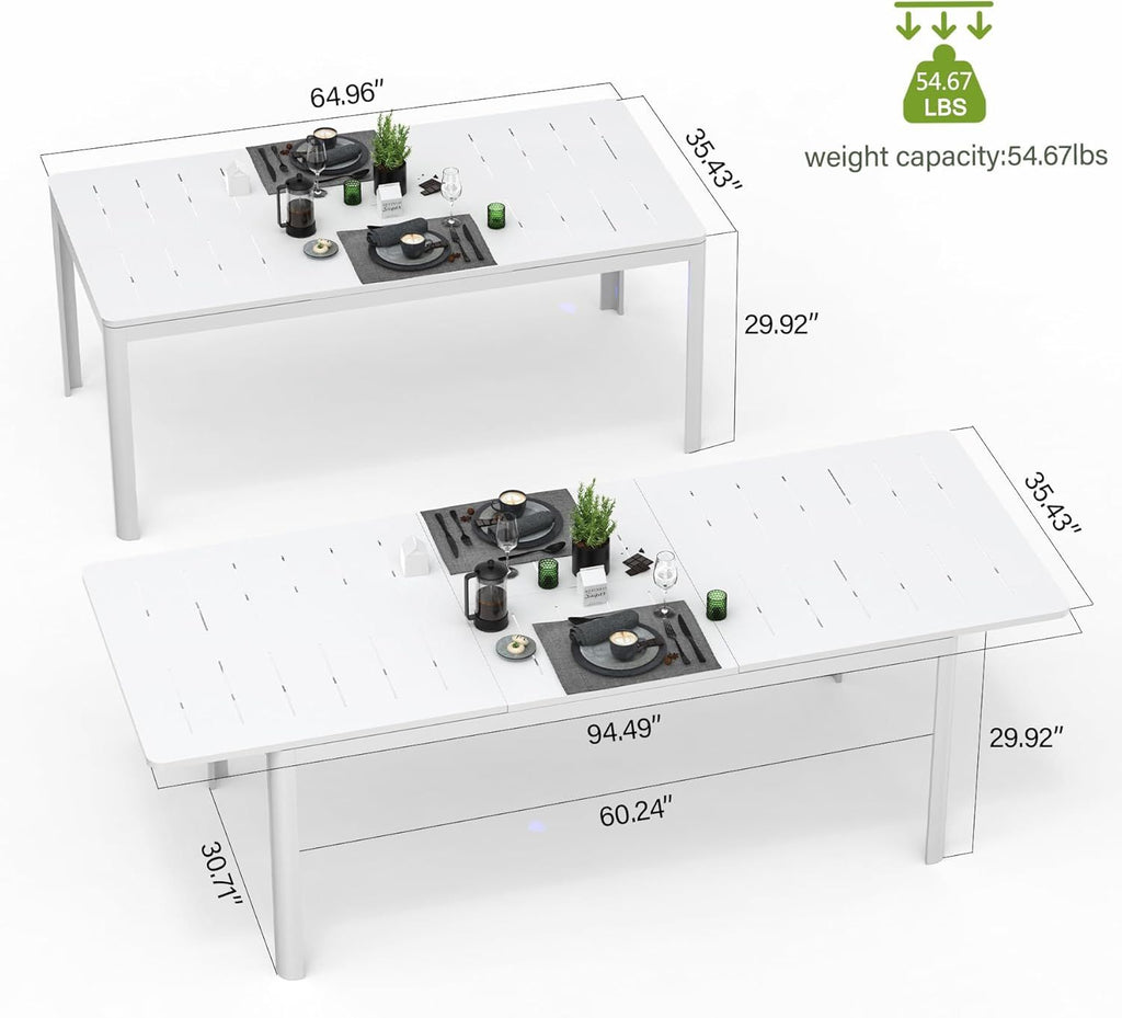Yeah Depot - Patio Dining Expandable Table, Metal Aluminum Outdoor Table for 6-8 Person Rectangular Table for Porch Lawn Garden Bistro(Ivory White)