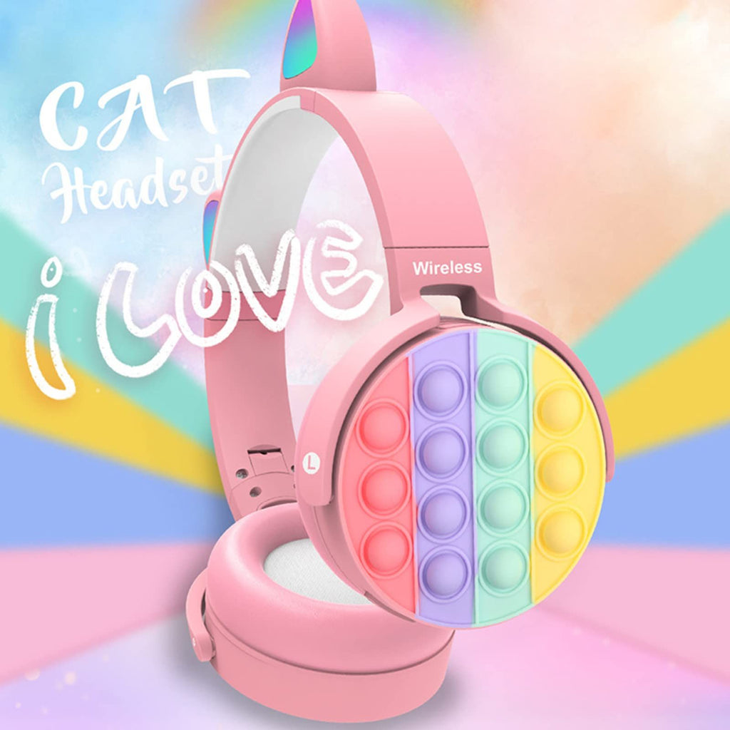 inQ Boutique - Fidget Headphones Kids Toy Headset, Wireless Bluetooth Headphone Pop Bubble On-Ear Headphone Fidget Toy Rainbow Color Fidget Headset for Children Adults (Pink-Cat)