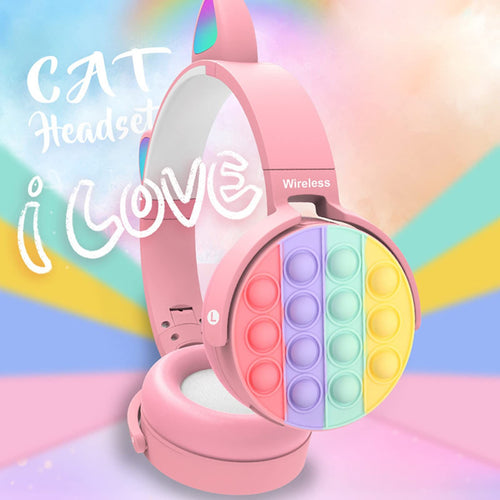 inQ Boutique - Fidget Headphones Kids Toy Headset, Wireless Bluetooth Headphone Pop Bubble On-Ear Headphone Fidget Toy Rainbow Color Fidget Headset for Children Adults (Pink-Cat)
