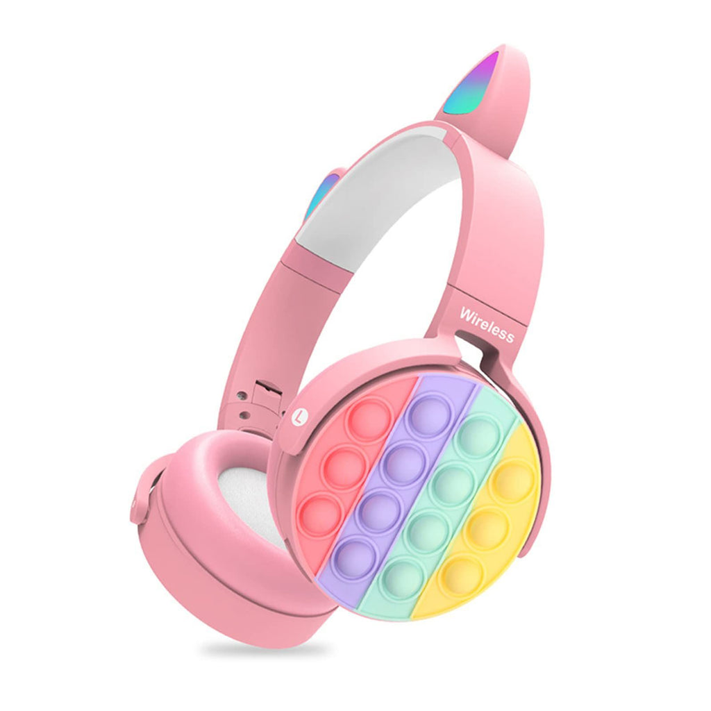 inQ Boutique - Fidget Headphones Kids Toy Headset, Wireless Bluetooth Headphone Pop Bubble On-Ear Headphone Fidget Toy Rainbow Color Fidget Headset for Children Adults (Pink-Cat)