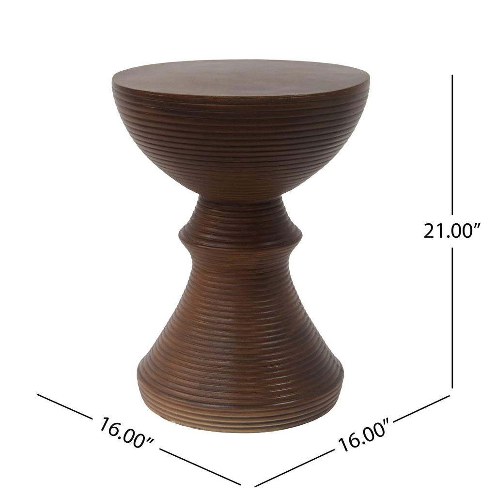 Yeah Depot - 16'' Ribbed Brown Concrete Outdoor Side Table with Hourglass Design â€“ Weather-Resistant Accent for Patio, Garden, or Balcony