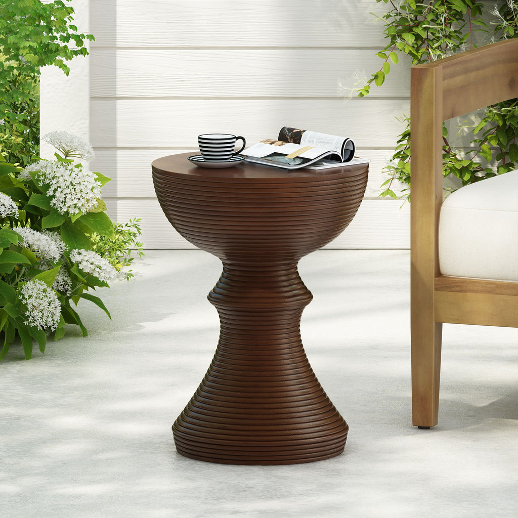 Yeah Depot - 16'' Ribbed Brown Concrete Outdoor Side Table with Hourglass Design â€“ Weather-Resistant Accent for Patio, Garden, or Balcony