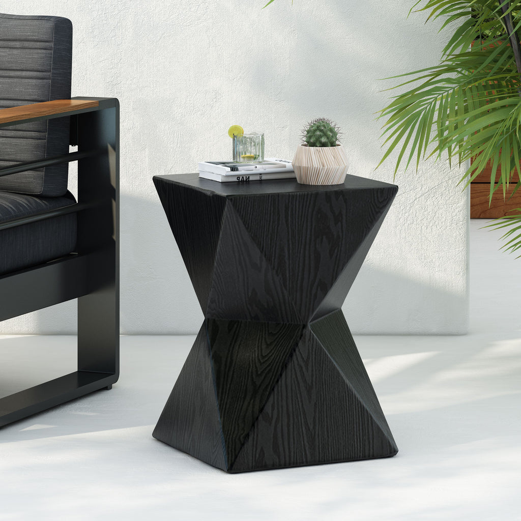 Yeah Depot - 14.25'' Black Prismatic Symmetry Concrete Side Table with Smooth Wood Grain Texture and Modern Prismatic Shape â€“ Weather-Resistant Accent for Patio, Garden, or Balcony