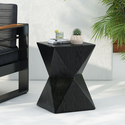 Yeah Depot - 14.25'' Black Prismatic Symmetry Concrete Side Table with Smooth Wood Grain Texture and Modern Prismatic Shape â€“ Weather-Resistant Accent for Patio, Garden, or Balcony