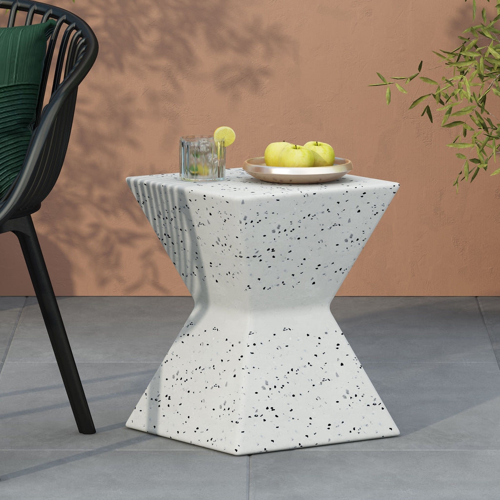 Yeah Depot - 14.75'' White Terrazzo Finish Prismatic Symmetry Concrete Outdoor Side Table with Prismatic Design â€“ Weather-Resistant Accent for Patio, Garden, or Balcony