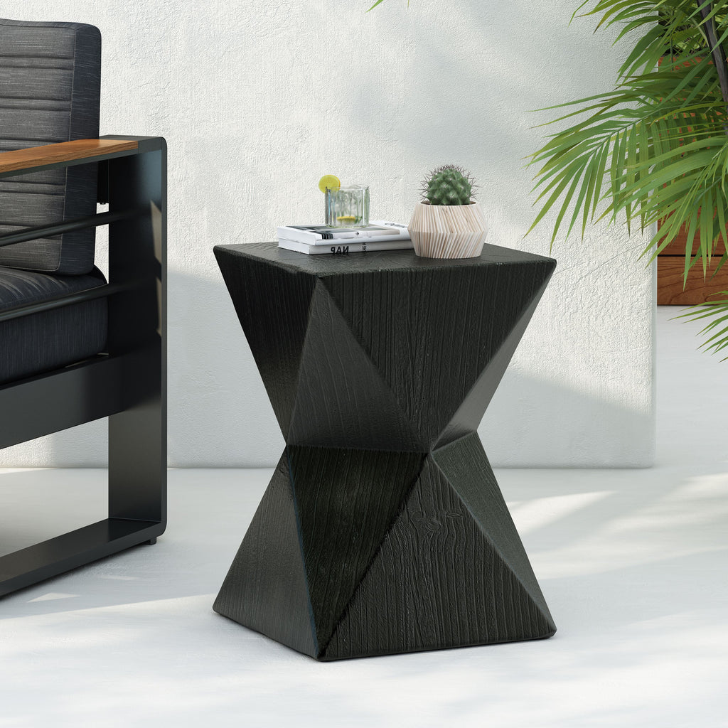 Yeah Depot - 14.25'' Black Concrete Side Table with Rustic Hand-Carved Texture and Unique Symmetric Form â€“ Weather-Resistant Accent for Patio, Garden, or Balcony