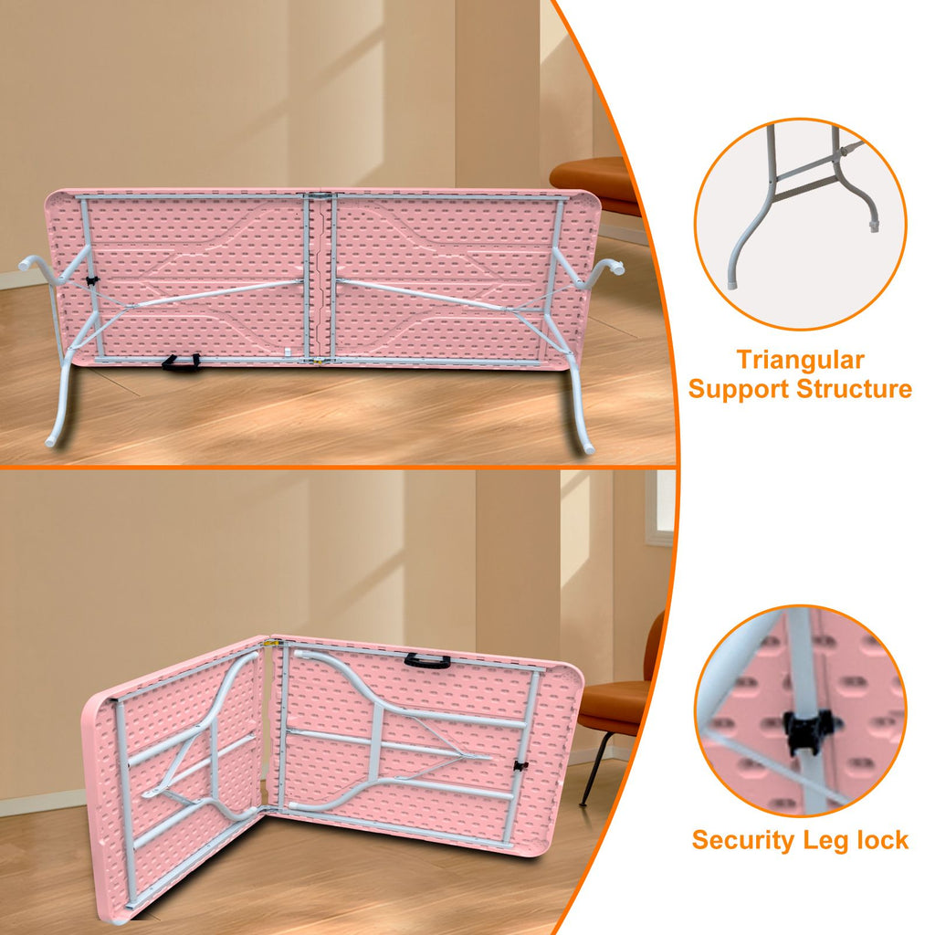 Yeah Depot - 8ft Pink Folding Table, Portable Plastic Table for Camping, Picnics, Parties, High Load Bearing Foldable Table