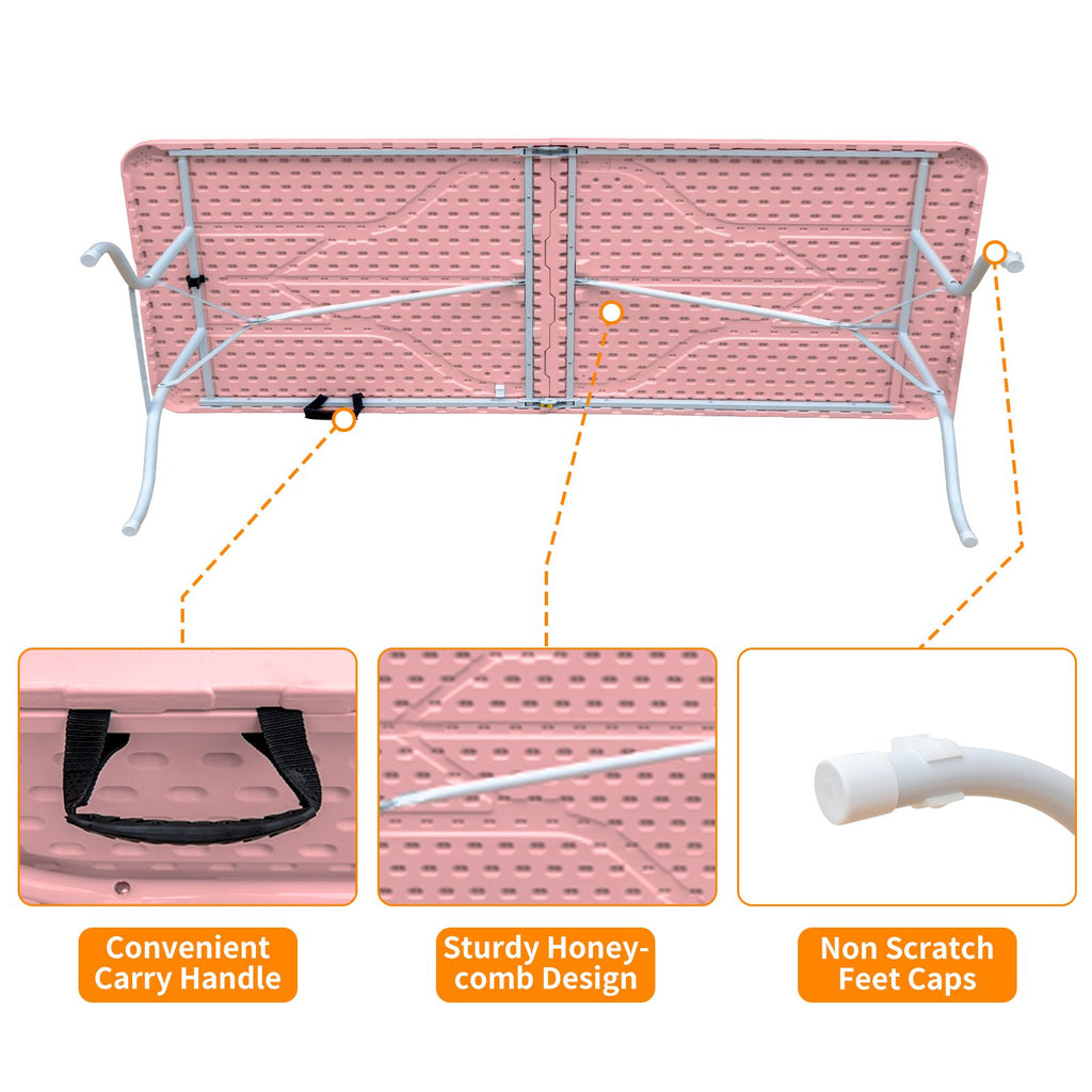 Yeah Depot - 8ft Pink Folding Table, Portable Plastic Table for Camping, Picnics, Parties, High Load Bearing Foldable Table
