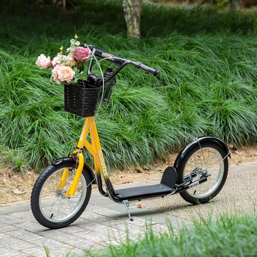 Yeah Depot - Aosom Youth Scooter, Kick Scooter with Adjustable Handlebars, Double Brakes, 16'' Inflatable Rubber Tires, Basket, Cupholder, Orange