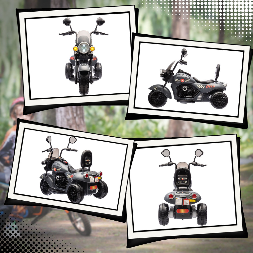 Yeah Depot - Qaba Electric Motorcycle for Kids, 3 Wheel 6V Battery Powered Chopper Motorbike, Ride on Motorcycle with Headlights, Music, Forward & Reverse for Boys and Girls Ages 3-6 Years, Gray