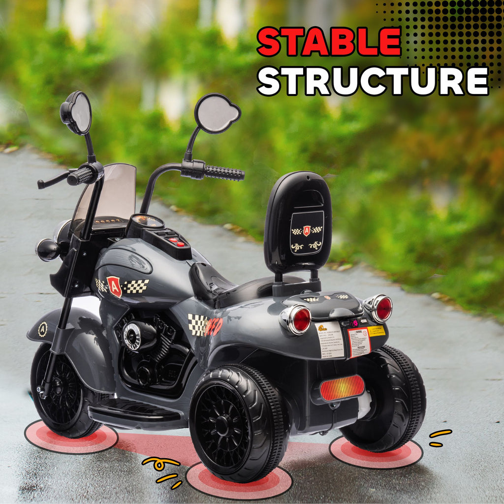 Yeah Depot - Qaba Electric Motorcycle for Kids, 3 Wheel 6V Battery Powered Chopper Motorbike, Ride on Motorcycle with Headlights, Music, Forward & Reverse for Boys and Girls Ages 3-6 Years, Gray