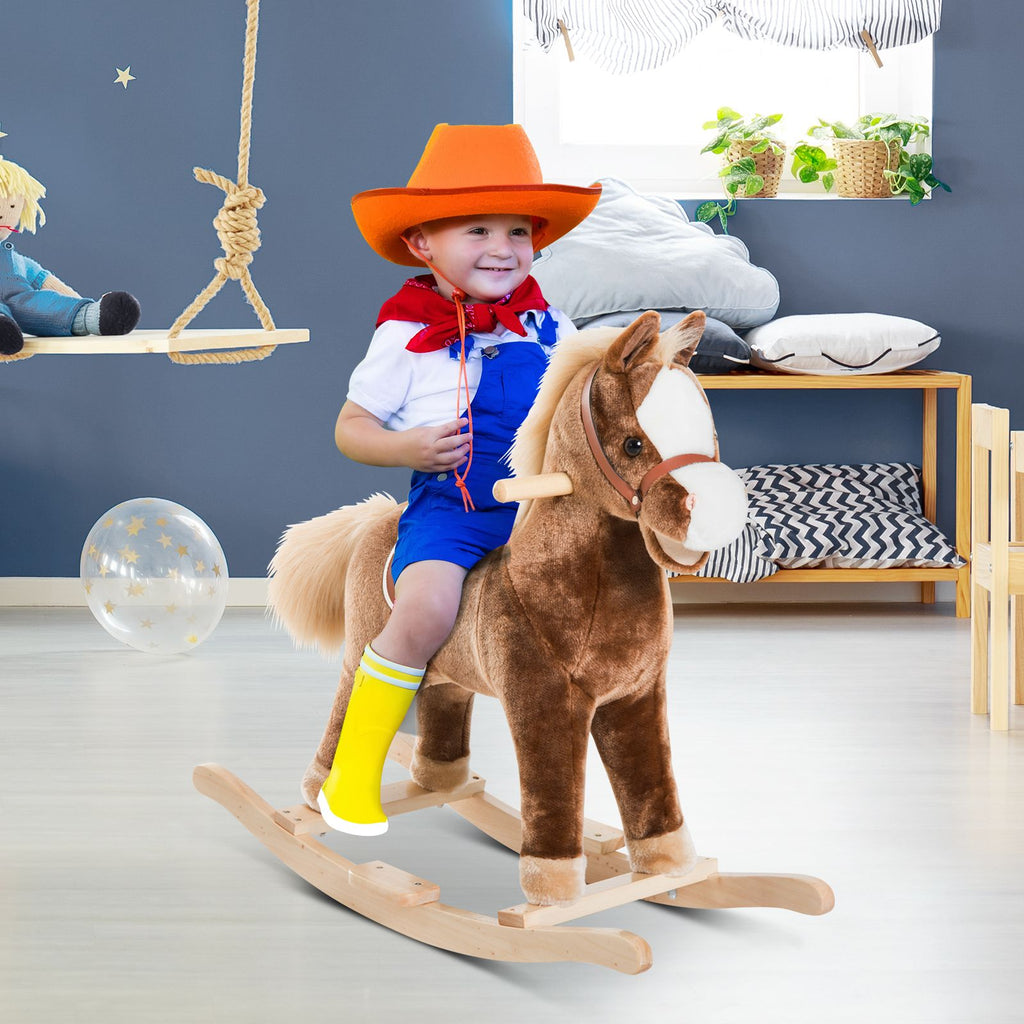 Yeah Depot - Qaba Kids Rocking Horse, Plush Toddler Rocker, Wooden Base Ride-On Toy with Handle Grip, Traditional Toy for Kids 36M+, Brown