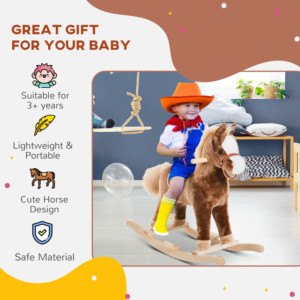 Yeah Depot - Qaba Kids Rocking Horse, Plush Toddler Rocker, Wooden Base Ride-On Toy with Handle Grip, Traditional Toy for Kids 36M+, Brown