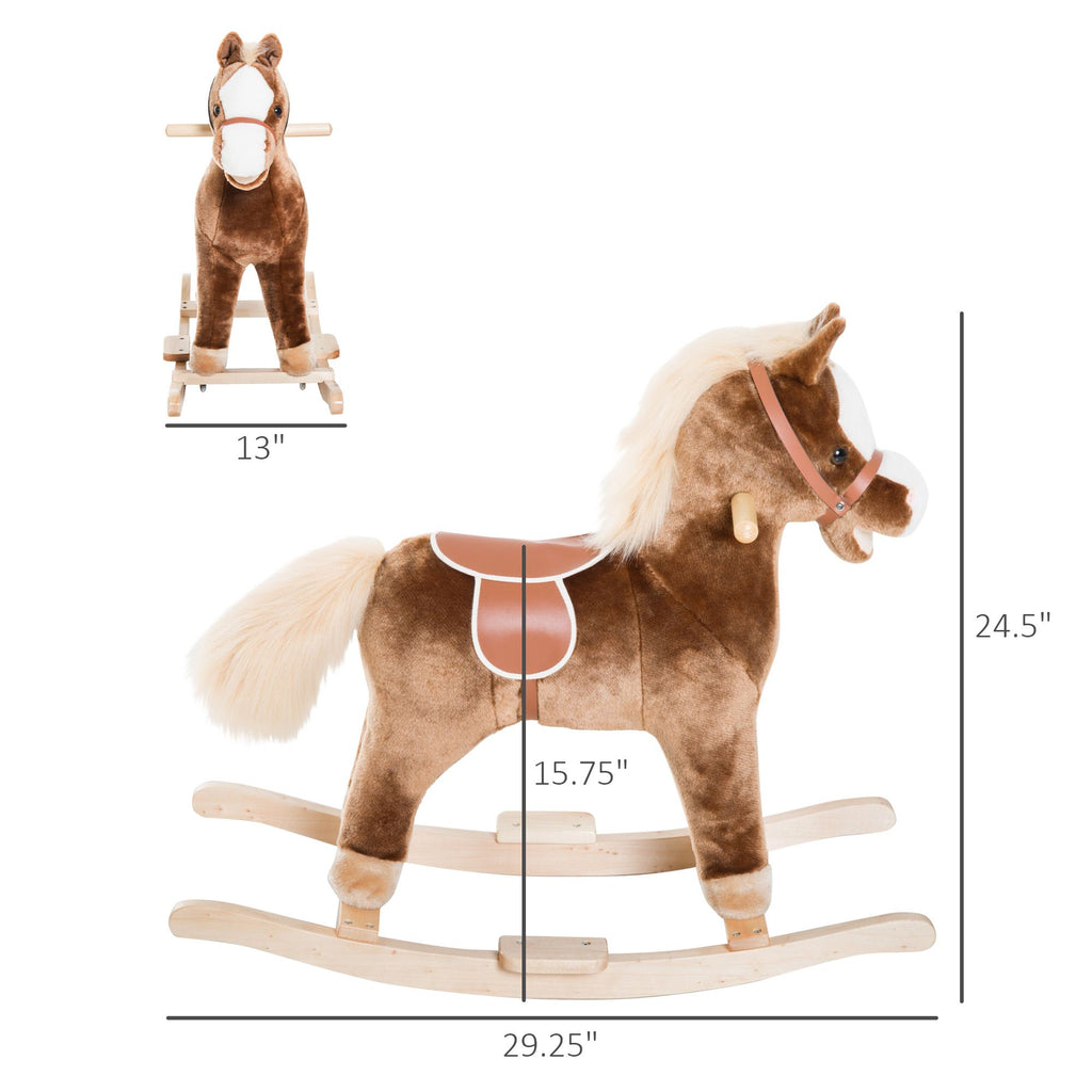 Yeah Depot - Qaba Kids Rocking Horse, Plush Toddler Rocker, Wooden Base Ride-On Toy with Handle Grip, Traditional Toy for Kids 36M+, Brown
