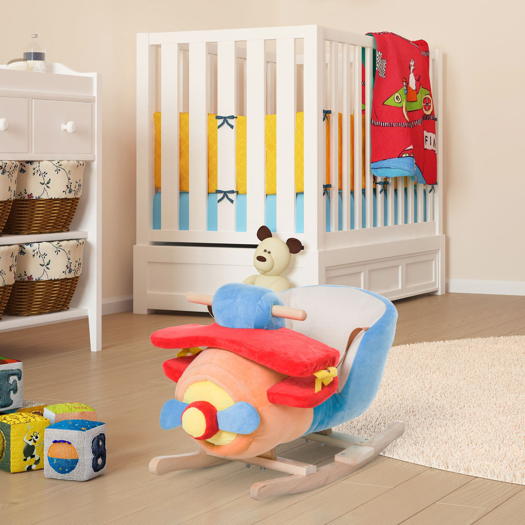 Yeah Depot - Qaba Kids Rocking Horse, Wooden Plush Ride-on Plane Chair Toy with Lullby Song and Seat Belt for 18 Month +