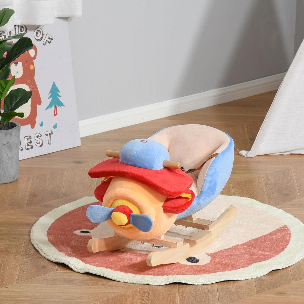 Yeah Depot - Qaba Kids Rocking Horse, Wooden Plush Ride-on Plane Chair Toy with Lullby Song and Seat Belt for 18 Month +
