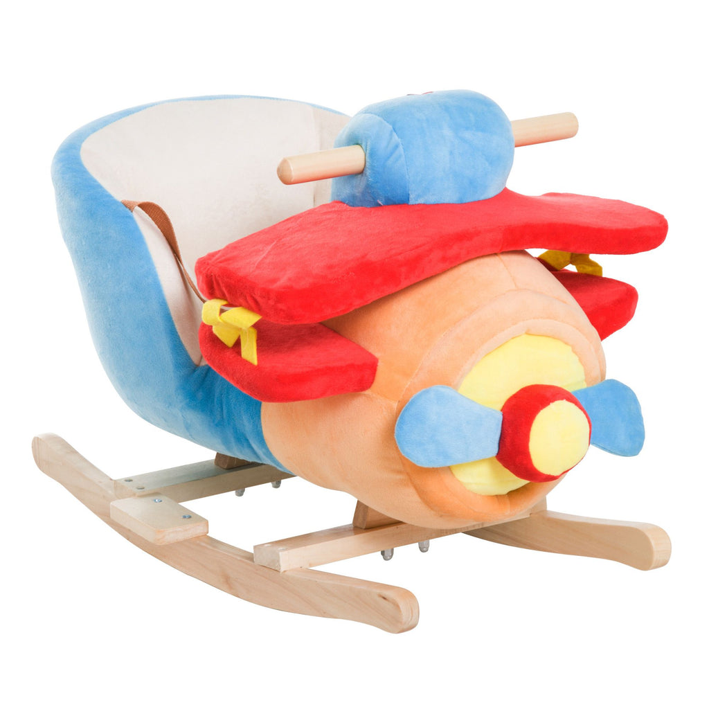 Yeah Depot - Qaba Kids Rocking Horse, Wooden Plush Ride-on Plane Chair Toy with Lullby Song and Seat Belt for 18 Month +