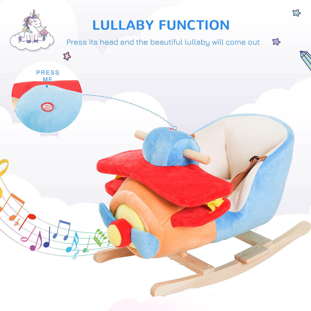 Yeah Depot - Qaba Kids Rocking Horse, Wooden Plush Ride-on Plane Chair Toy with Lullby Song and Seat Belt for 18 Month +